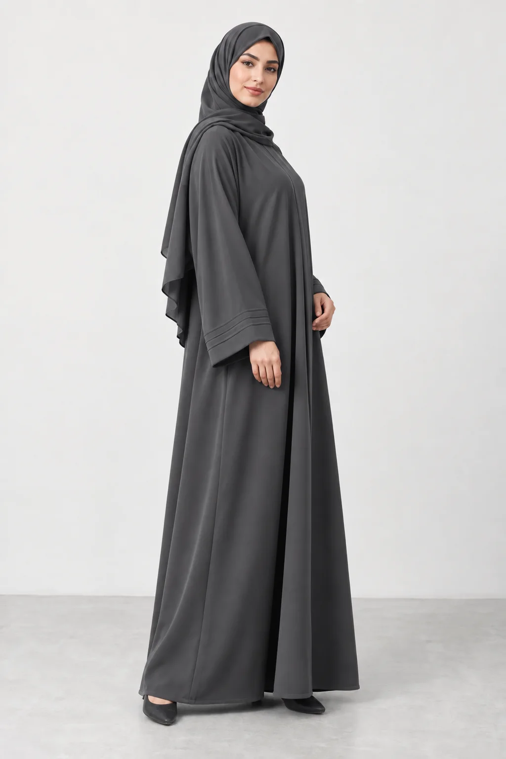 Charcoal abaya, alternate studio view