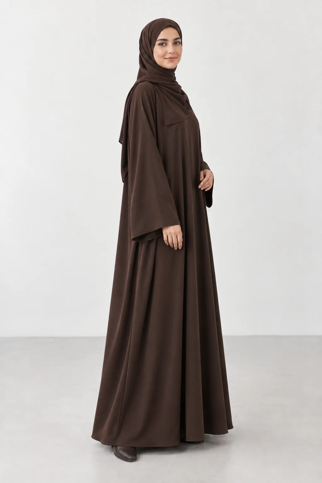 Espresso abaya, alternate studio view
