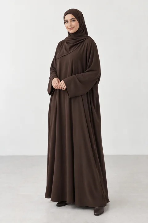 Espresso abaya, full length studio view