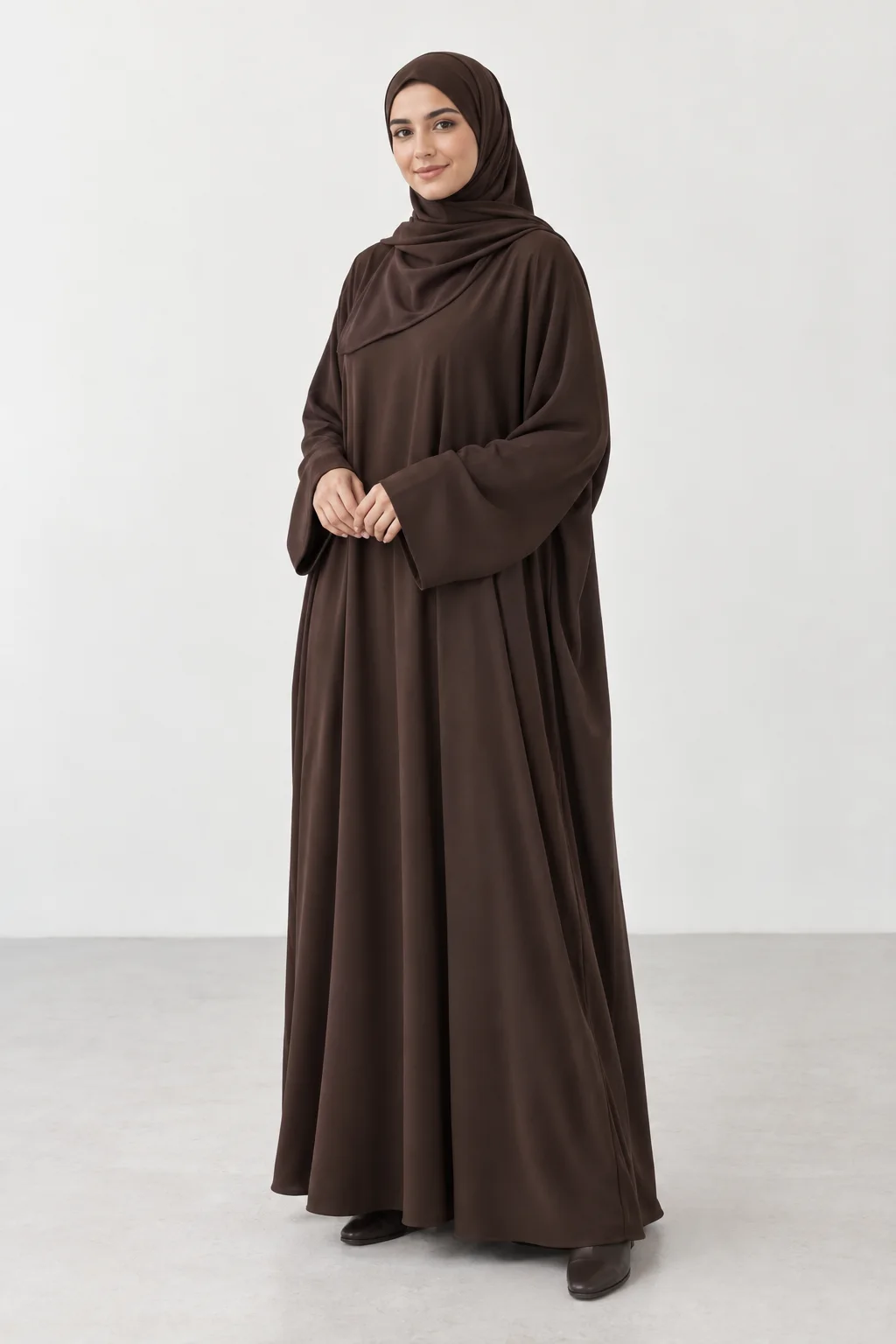 Espresso abaya, full length studio view